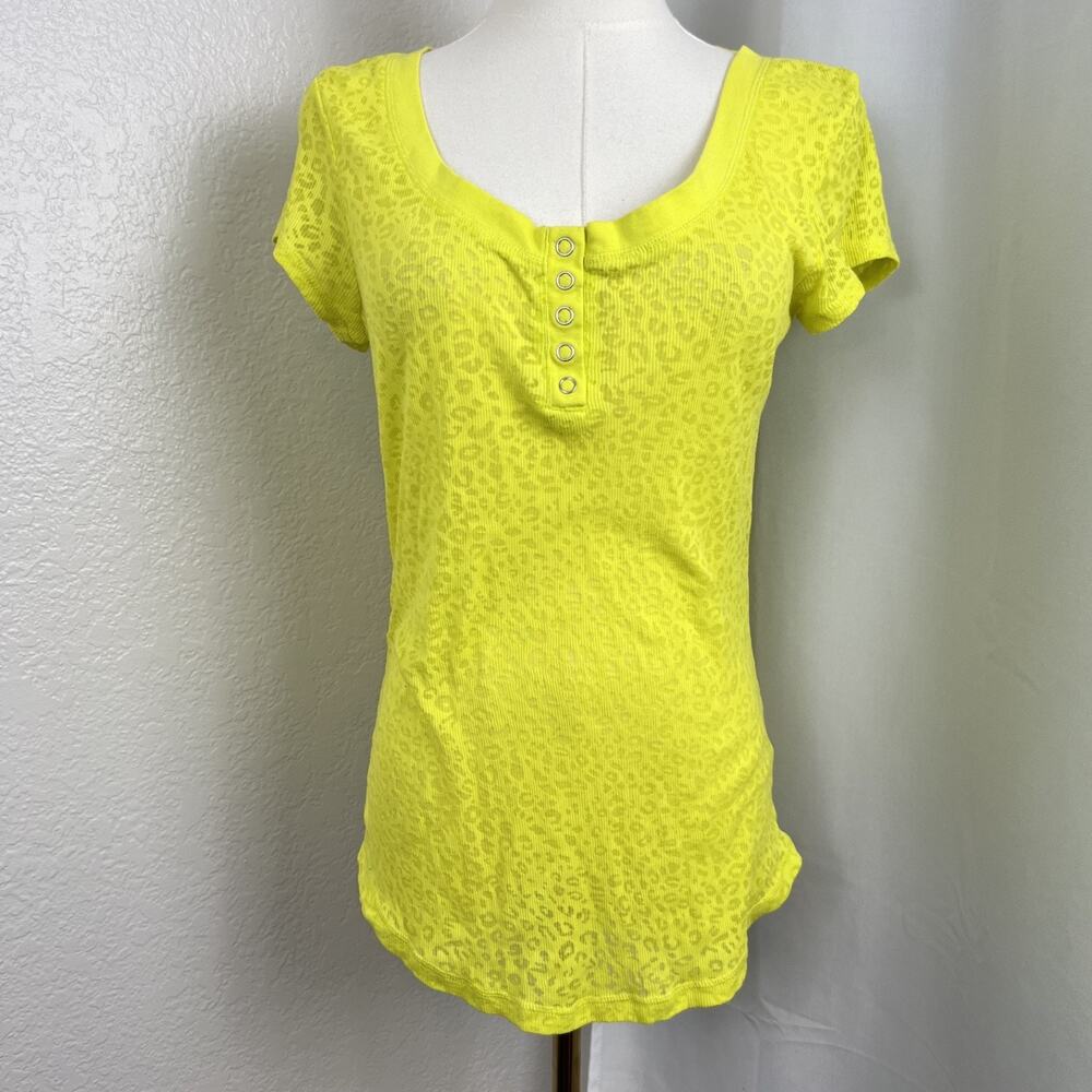 Y2K Lei Top Juniors XL Yellow Leopard Burnout Sheer Henley Retro Punk Festival